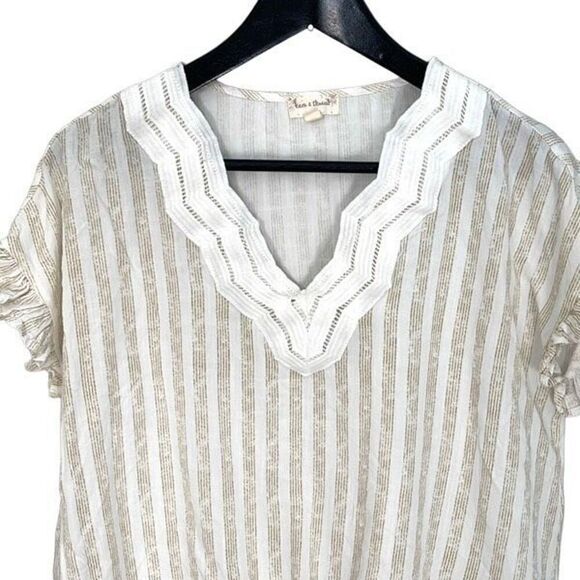 Hem & Thread Womens Striped Top Blouse V Neck Ruffle Cap Sleeve Tie Beige Small - Picture 2 of 9